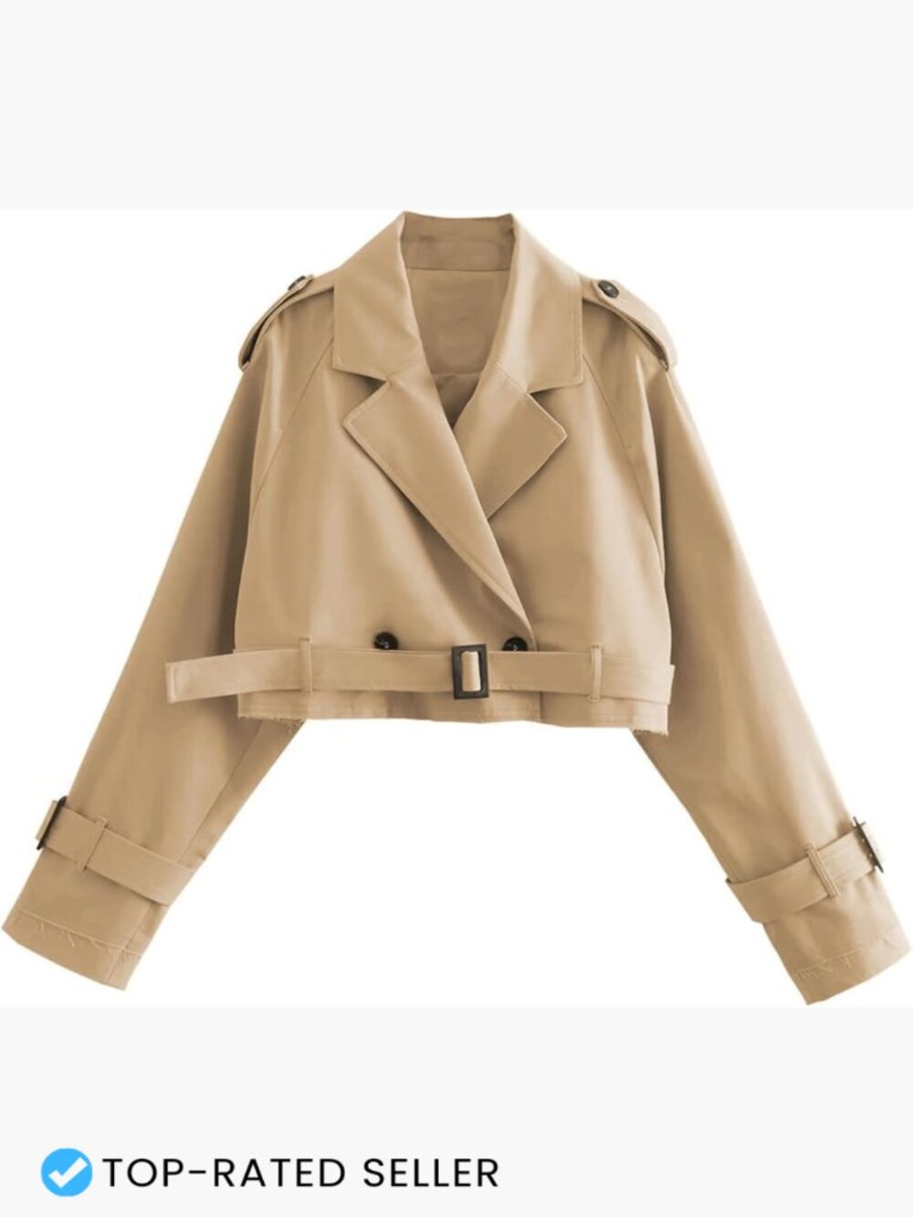 Cropped Trench Coat Casual Double Breasted Belted Long Sleeve Relaxed Fit Fall